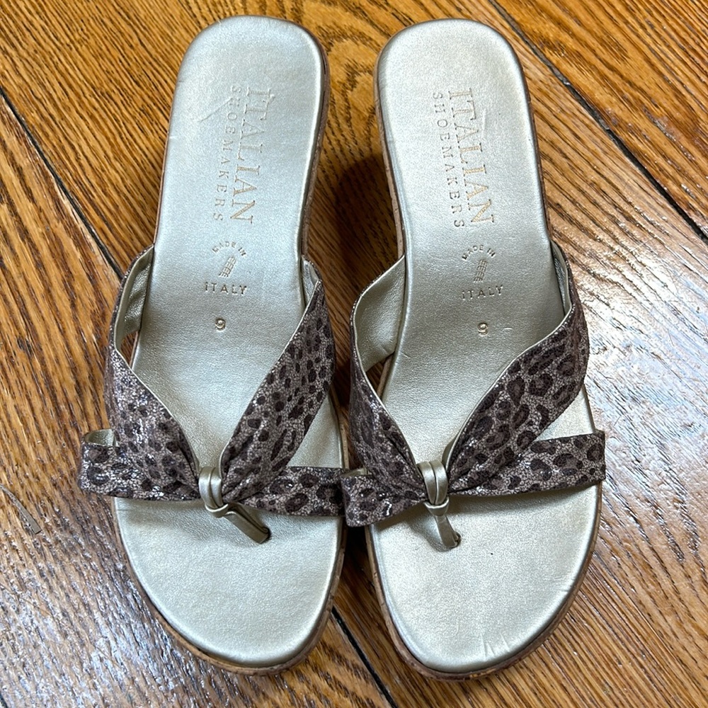 Italian Shoemakers leopard sandals with wedge heels. Fair condition. Size 9.